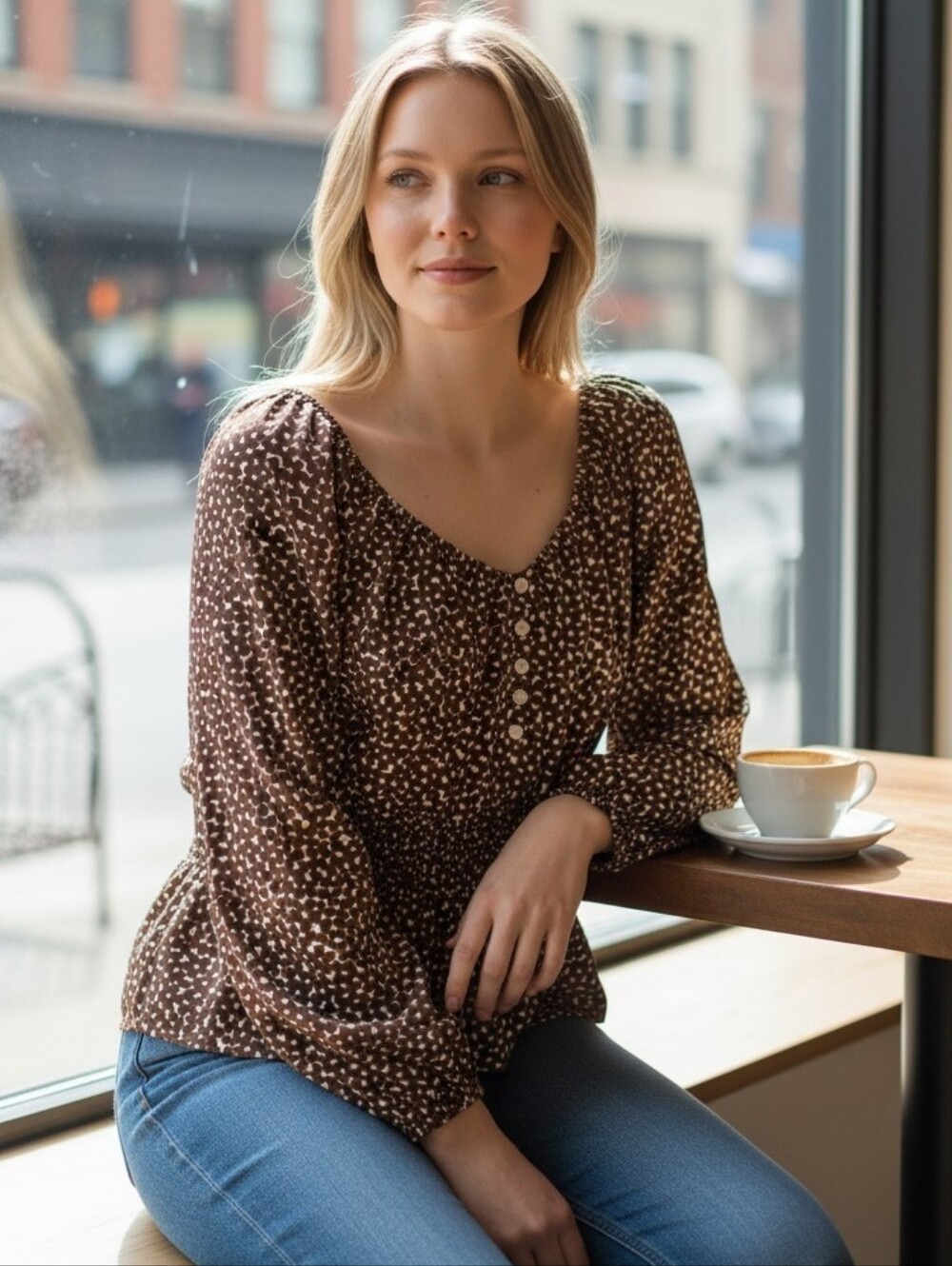 J. Crew Brown and White Printed Peasant Blouse